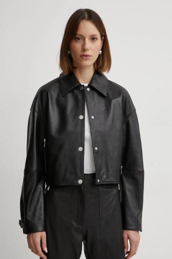 Kožená bunda BOSS dámska, čierna farba, prechodná, oversize, 50535759