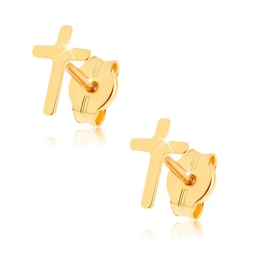 Náušnice zo žltého 9K zlata - lesklý latinský krížik