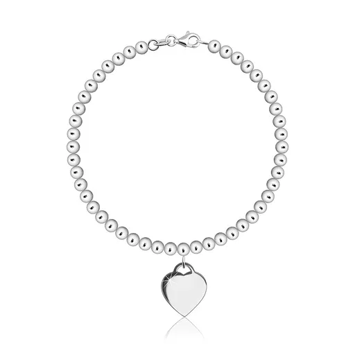 Strieborný 925 náramok - guľôčková retiazka, srdiečkový prívesok, karabínka