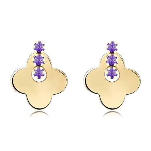 Zlaté náušnice 14K štvorlístok s fialovými zirkónmi