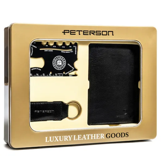 SET: kožená peňaženka s kľúčenkou a kartou prežitia – Peterson
