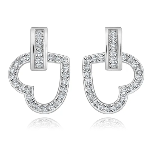 Náušnice z 925 striebra - obrys srdca s čírymi zirkónmi, zirkónové očko