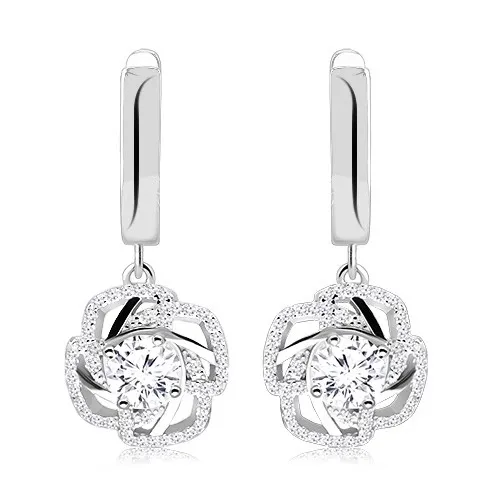 Náušnice zo striebra 925 - zirkónový obrys kvetu s lupeňmi, číry zirkón uprostred