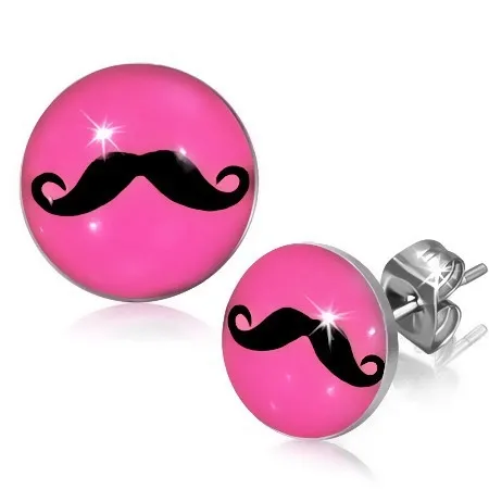 Puzetové náušnice z chirurgickej ocele, čierne fúzy na ružovom podklade