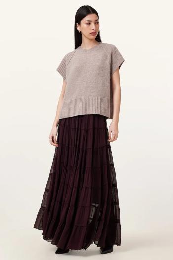 Sukňa AllSaints EVA bordová farba, maxi, áčkový strih, W061RC