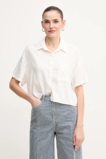 Ľanová košeľa Dkny dámska, béžová farba, voľný strih, s klasickým golierom, DJ5W2056