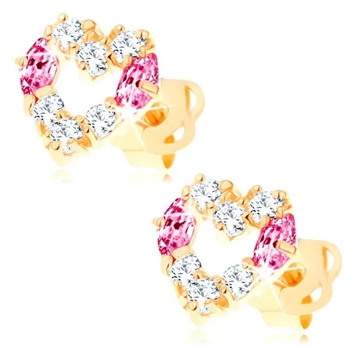 Náušnice zo žltého 14K zlata - kontúra srdca zdobená čírymi a ružovými zirkónmi