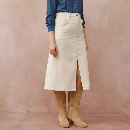 Midi menčestrová sukňa s vreckami a rozparkom vpredu