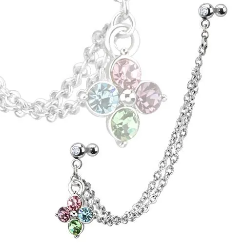 Piercing do ucha z ocele, farebný zirkónový kvet, dvojitá retiazka