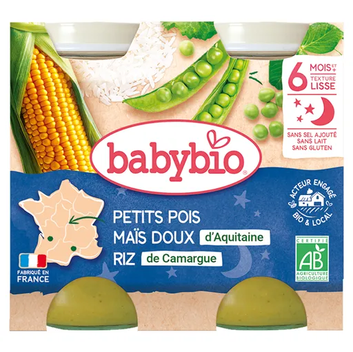 BABYBIO večerné menu hrášok so sladkou kukuricou a ryžou 2x200 g