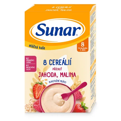 SUNAR Mliečna kaša 8 cereálií jahoda malina 8m+ 210 g