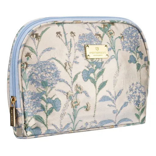 Svetlomodro-béžová cestovná kozmetická taštička s kvetinovým vzorom