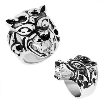 Masívny prsteň z ocele 316L, vypuklý patinovaný vlk, Fleur de Lis - Veľkosť: 64 mm