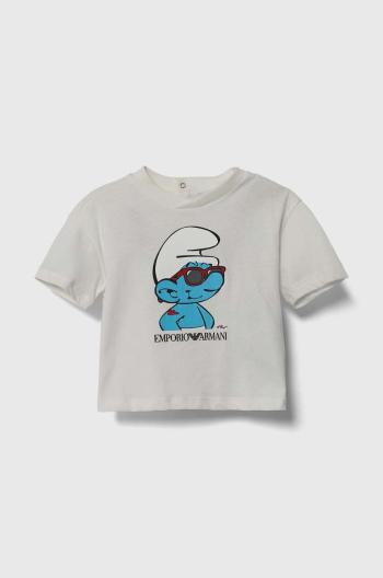 Detské bavlnené tričko Emporio Armani x The Smurfs béžová farba, s potlačou