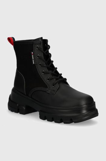 Členkové topánky Tommy Jeans TJW CHUNKY LACE UP BOOT MIX MAT dámske, čierna farba, na platforme, EN0EN02554