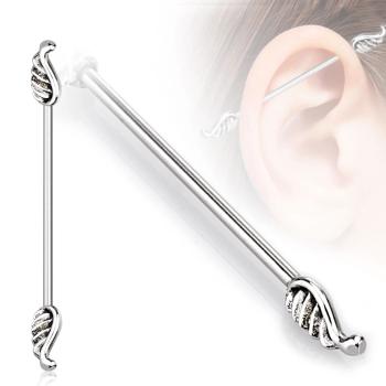 Oceľový piercing do ucha ukončený anjelskými krídlami