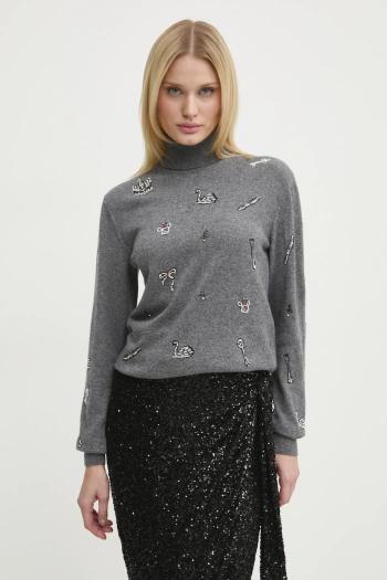 Vlnený sveter MSGM dámsky, šedá farba, tenký, s rolákom, 3742MDM212.247786
