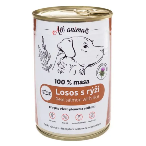 ALL ANIMALS konzerva losos mletý s ryžou pre psov 400 g