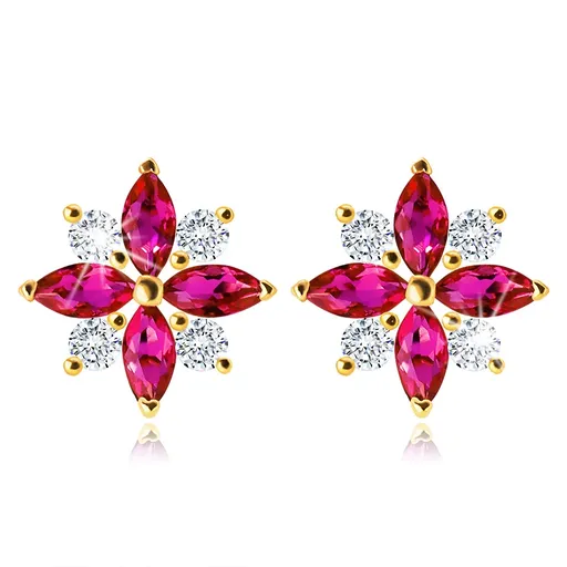 Náušnice zo 14K zlata - kvet s ružovočervenými a čírymi zirkónovými lupeňmi