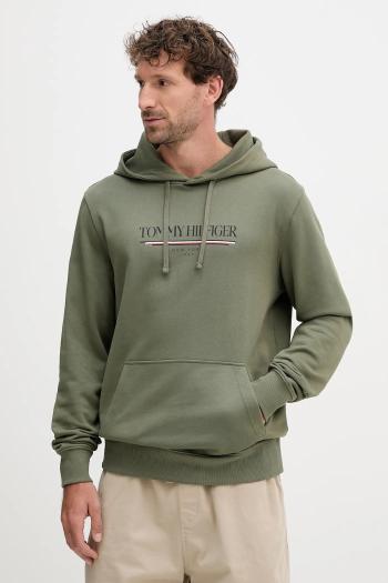 Bavlnená mikina Tommy Hilfiger zelená farba, s kapucňou, s potlačou, MW0MW40534
