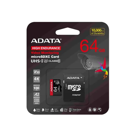 ADATA MicroSDXC karta 64 GB High Endurance UHS-I C10 V30 A2 (R: 100/W: 80 MB/s) + SD adaptér