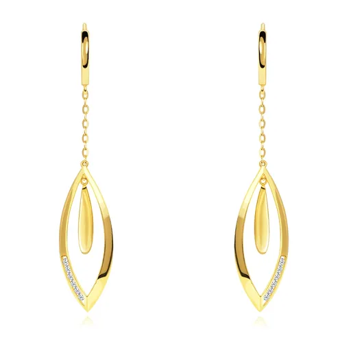 Zlaté visiace náušnice 14K zrnko na retiazke so zirkónovou líniou