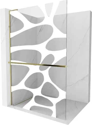 MEXEN/S - Kioto+ L Sprchová zástena WALK-IN s poličkou a držiakom uterákov 90 x 200, biely vzor, zlato 800-090-123-50-97