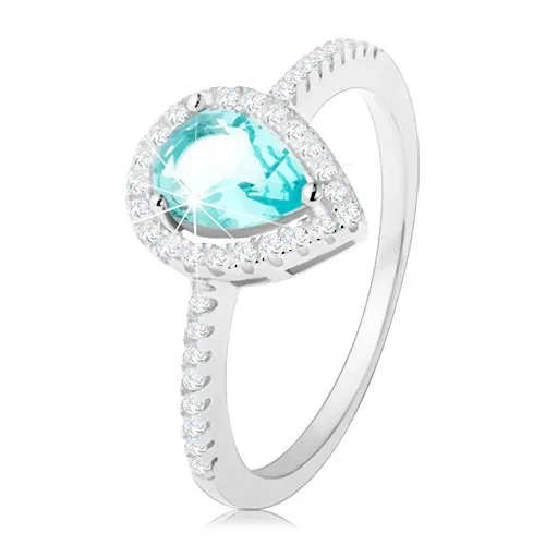 Prsteň zo striebra 925, kvapka svetlomodrej farby s čírym zirkónovým lemom - Veľkosť: 49 mm