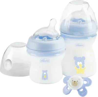 Chicco dárková sada lahviček 2 ks s dudlíkem modrá