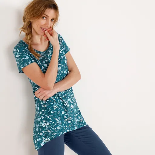 Asymetrické tričko s krátkymi rukávmi, smaragdové s kvetmi