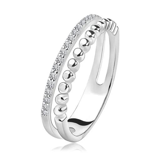 Prsteň v 925 striebre - rozdvojené ramená s čírymi zirkónmi a výstupkami - Veľkosť: 52 mm