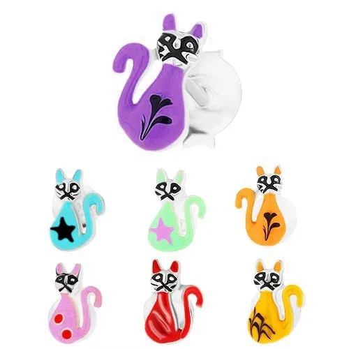 Náušnice zo striebra 925, farebné glazúrované mačiatko, puzetové zapínanie - Farba: Červená