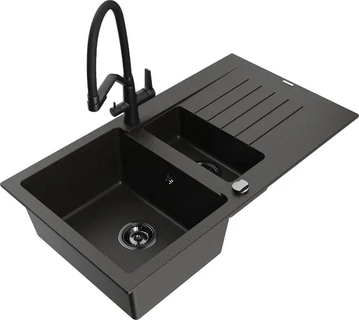 MEXEN/S MEXEN/S - Matias granitový drez 1.5 s odkvapkávačom vrátane batérie Duo, čierna/zlatá metalik 6502-75-671701-70-B