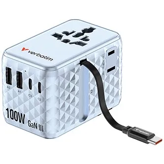 Verbatim 30192, Univerzálny cestovný adaptér Charge ,n, Travel 2x USB-C, 2X USB-A + 1x integrovaný kábel USB-C, modrá, 100 W
