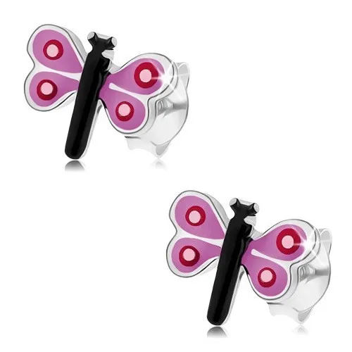 Puzetové náušnice zo striebra 925, farebný malý motýľ, fialové krídla