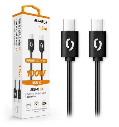 ALIGATOR dátový kábel POWER 100W, USB-C/USB-C 5A, dĺžka 1, 5 m, čierna