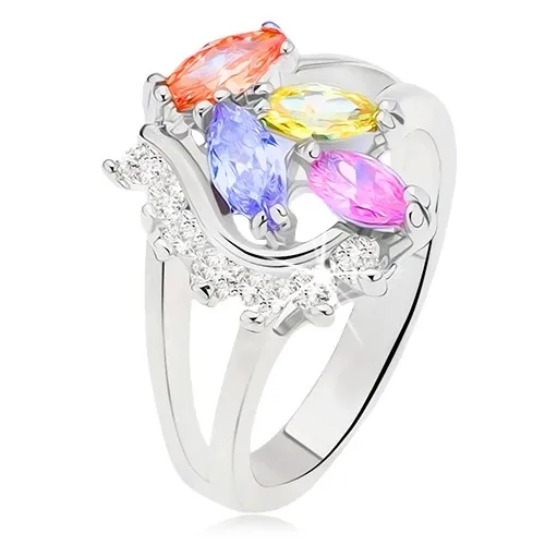 Prsteň s rozdvojenými ramenami, farebné zrniečkové kamienky, číra oblá línia - Veľkosť: 51 mm