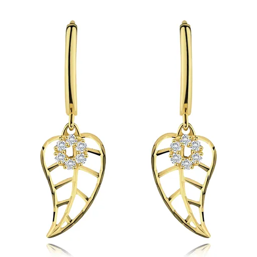 Zlaté náušnice 14K kruh s listom a kvetom zo zirkónov