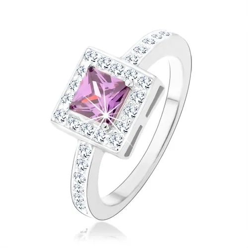 Prsteň zo striebra 925, fialový zirkónový štvorec, číra ligotavá obruba - Veľkosť: 49 mm