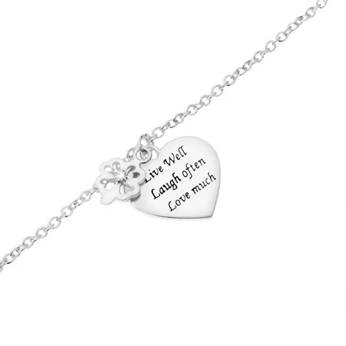 Strieborný náramok 925, štvorlístok so zirkónom, ploché srdce s nápisom