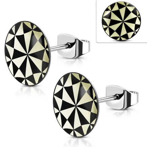 Náušnice z chirurgickej ocele, akrylový kruh so žlto-čiernym geometrickým vzorom