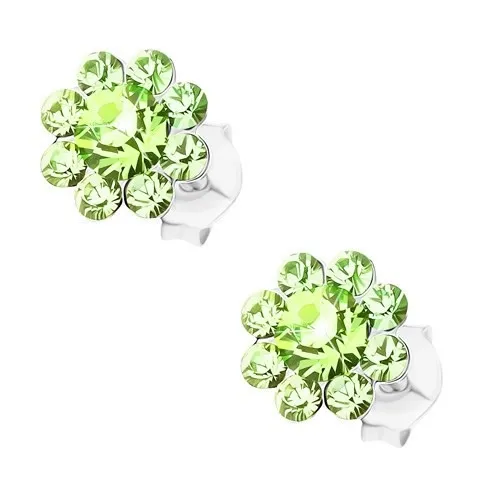 Strieborné 925 náušnice, kvet zo svetlozelených krištálikov Preciosa