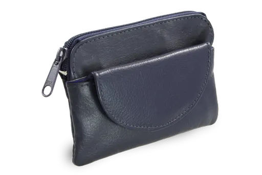 Modrá kožená kľúčenka so zipsovým a poklopovým vreckom 619-0365-97