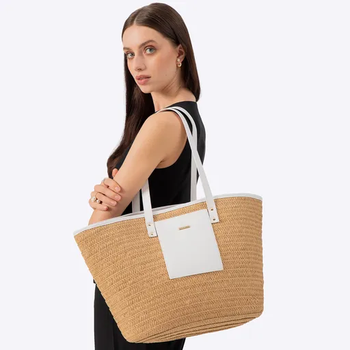 Dámsky košík z tkanej papierovej slamy béžovo-krémovej farby 100-4Y-904-90