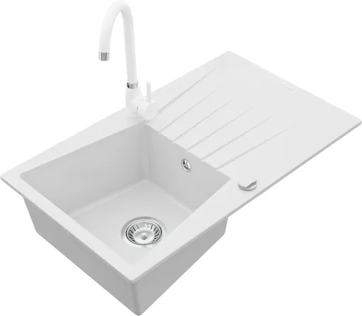 MEXEN/S MEXEN/S - Cesar granitový drez 1 s odkvapkávačom vrátane batérie Telma, biela 6514-20-670200-20