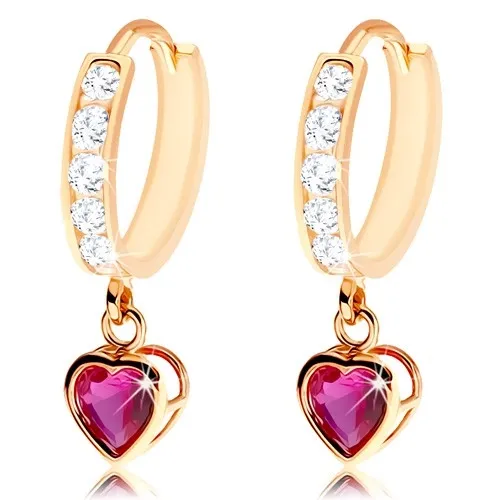 Kĺbové náušnice zo zlata 585 - kruh zdobený čírymi zirkónmi, rubínové srdiečko