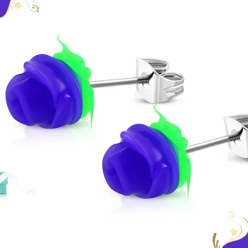 Puzetové oceľové náušnice, tmavofialová ružička so zelenými lístkami