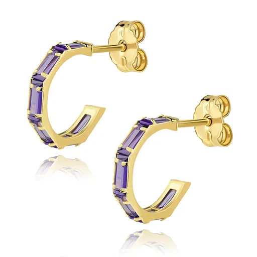 Zlaté náušnice 14K s fialovými zirkónmi v otvorenom kruhu