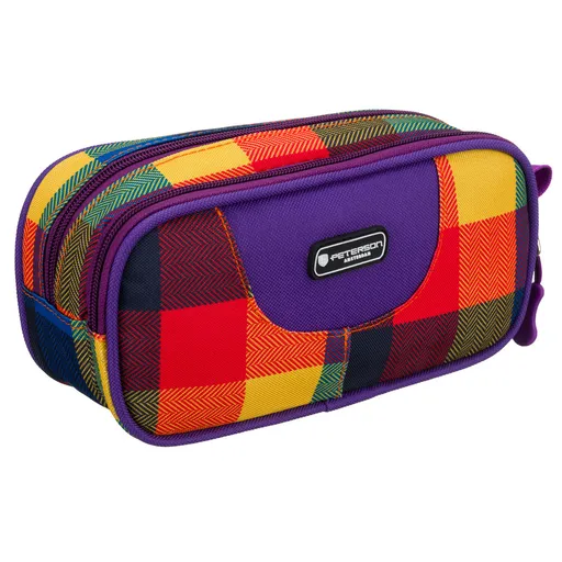 Školský polyesterový peračník s károvaným vzorom, dvojkomorový na zips - Peterson