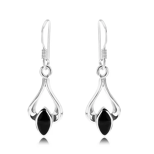 Náušnice zo striebra 925, lesklý obrys slzy a čierne hladké zrnko